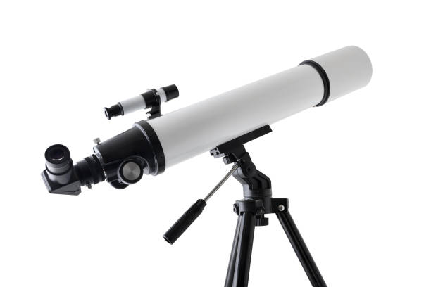 istock White telescope on black tripod isolated on white background 2202469529