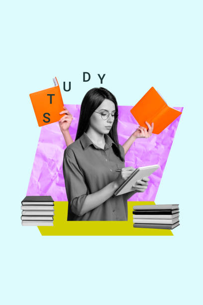 istock Art image vertical photo collage of serious girl hold notepad book planner read workload student education university session plot 2202470850