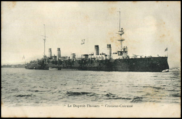 istock antique French navy armored cruiser Dupetit-Thouars postcard in 1900s, ready for any usage of  historic events background. 2202472425