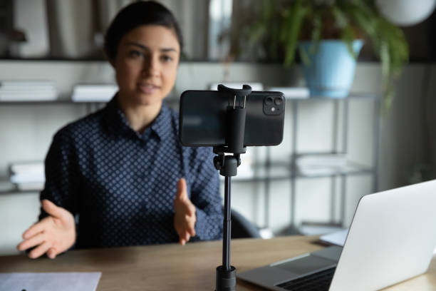 istock Modern smartphone shoot woman talking for live broadcast 2202474593