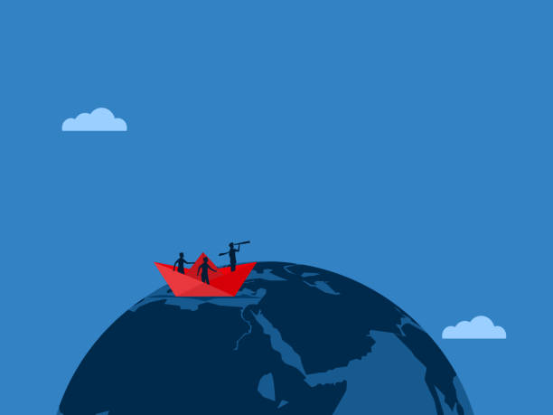 istock Visionary leaders on a paper boat with crew looking at the global economy 2202474935