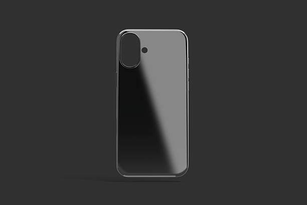 istock Blank black glossy phone case mockup, dark background 2202482543