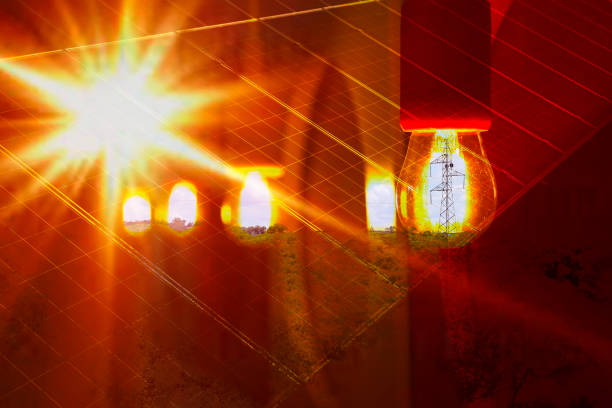 image illustrating power tower, solar panels, lamps and sunlight