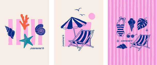 Summer backgrounds, pattern, cards, banner templates. Hand drawn modern illustrations, doodles with sea shells, surf boards, beach chair, swimsuit and flip flops elements