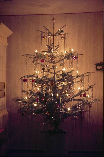 Christmas tree decorated in red, white and green with gifts against a large picture window and a wintery outdoor scene.