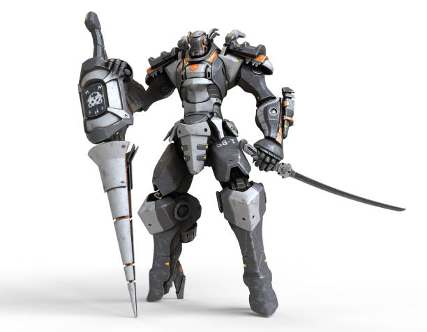 istock 3d render sci-fi mech warrior holds a large lance with one hand and a katana in the other hand. 2202493507