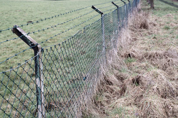 istock Barbed wire and chain link fence protecting grass field 2202494331