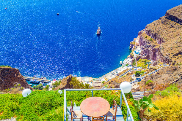 Fira,Santorini,Greece,September 7th 2013:Cliff top hotel restaurant terraces above the precipice overlooking the Aegean sea Caldera bay with sailing cruise ship and Nea Kameni volcano island.Cyclades