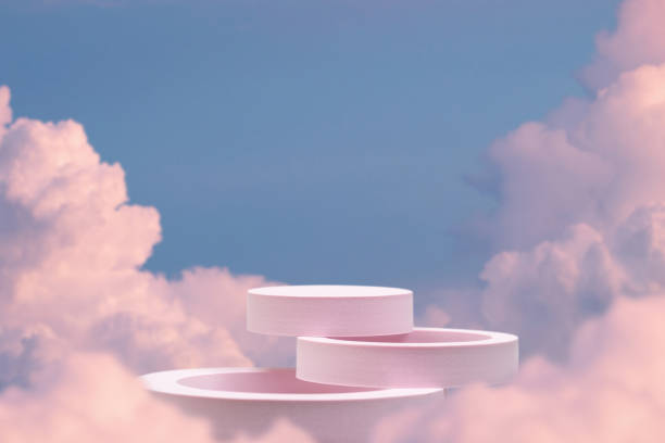 istock Minimal geometry podium with blue sky pink white cloud background.product placement pedestal modern stand display,surreal paradise dreamy concept. 2202499804