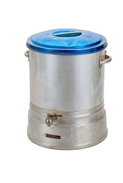 istock Vintage aluminum cooler for water, blue lid with tap. 2202500531