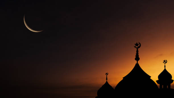 istock Mosques Dome on dark blue twilight sky and Crescent Moon on background, symbol islamic religion Ramadan Kareem and free space for text arabic, Eid al-Adha, Eid al-fitr, Mubarak, Islamic new year Muharram 2202500607