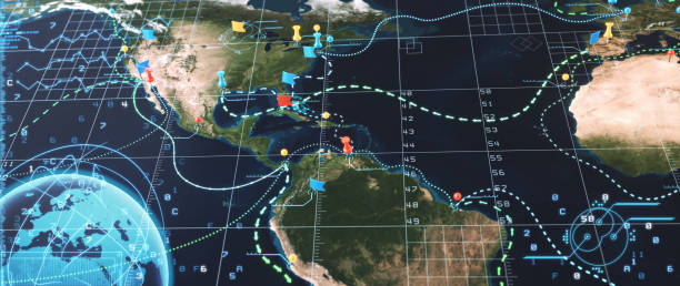 istock Satellite view of a strategic world map with virtual reality infographics overlay 2202504318