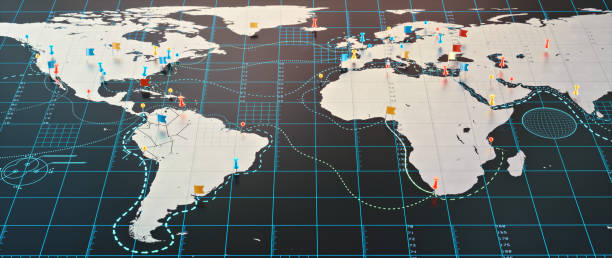 istock Strategic world map outline with pinned locations and digital infographic overlay, low angle view 2202504420
