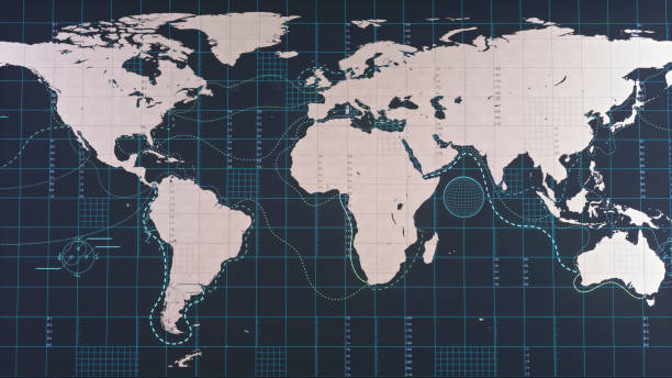 istock Simple outline strategic world map with navigation lanes and infographics, front view 2202504620