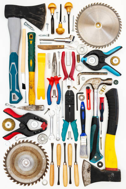 istock Flat lay of new and used hand tools on white background. 2202505941