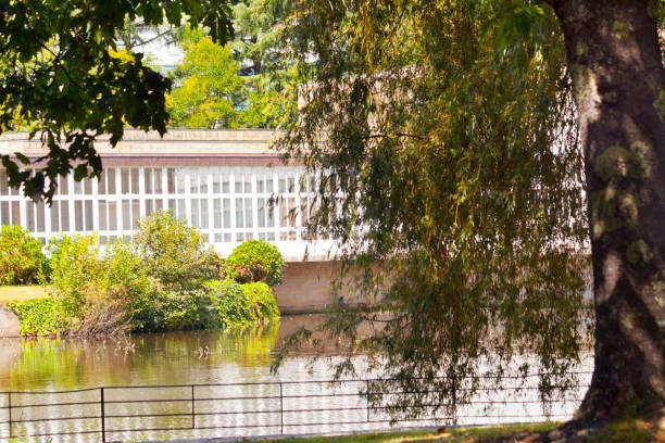 Auditorio de Galicia, auditorium in  Santiago de Compostela. Building exterior, galería, garden pond. Galicia, Spain.