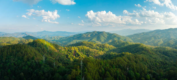 Summer mountain landscape panorama with green hills and blue sky,Preserve the world concept, nature and environment