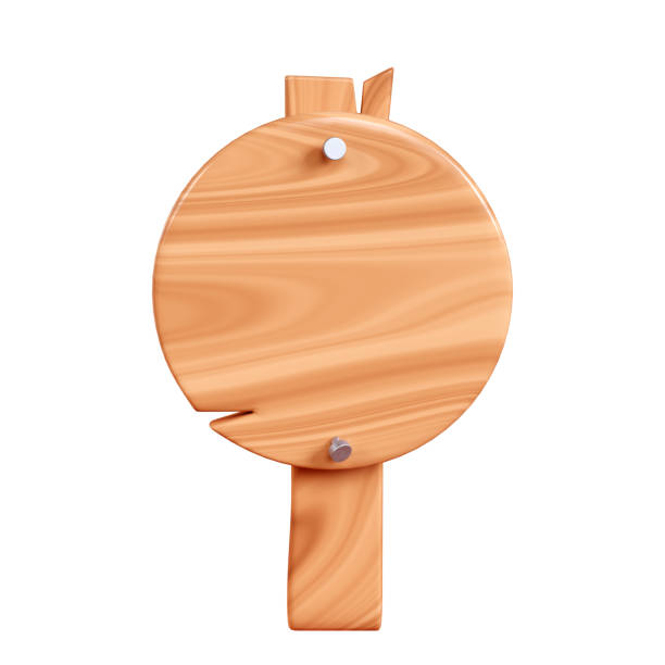 Wooden round plaque with cracks and nails on pole for text box. Cartoon 3d render illustration circular signboard with brown wood texture. Vintage rustic timber plank, board frame with fracture