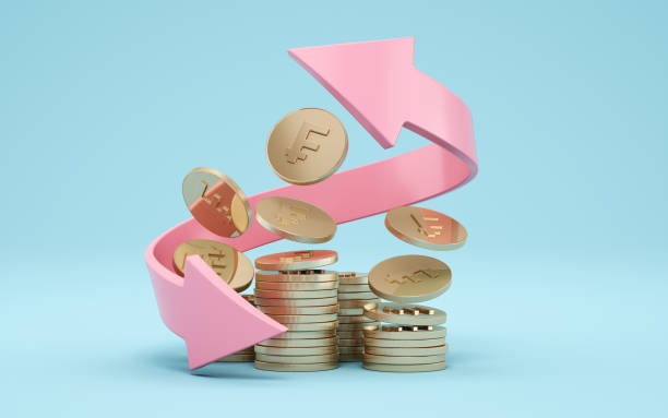 istock Swiss Franc Gold Coins with Pink Arrow on Blue Soft Infinity Background 2202513794
