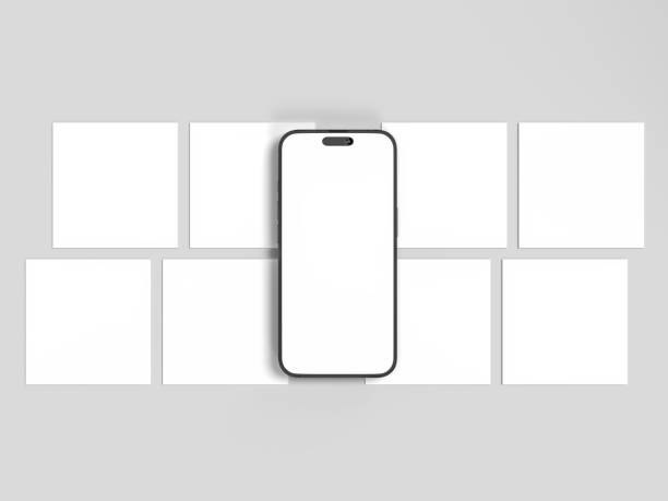 istock Smartphone mockup with social media post interface mockup. Mobile app page template for creative design showcase user carousel post feed. Minimal design interface template 2202522640