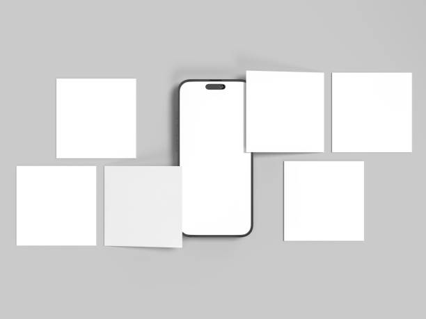 istock Smartphone mockup with social media post interface mockup. Mobile app page template for creative design showcase user carousel post feed. Minimal design interface template 2202522648