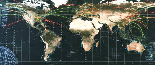 istock Global strategic threat map with ballistic missile launches 2202523513