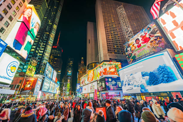 istock Lively Times Square Night View with Bright Billboards and Crowd 2202530280