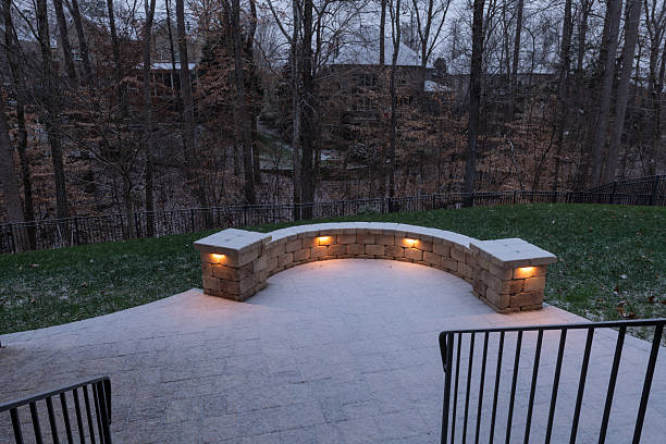 istock Snowy Patio with Stone Wall and Railings 2202530391