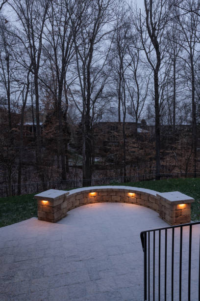 istock Snowy Patio with Stone Wall and Railings 2202530489