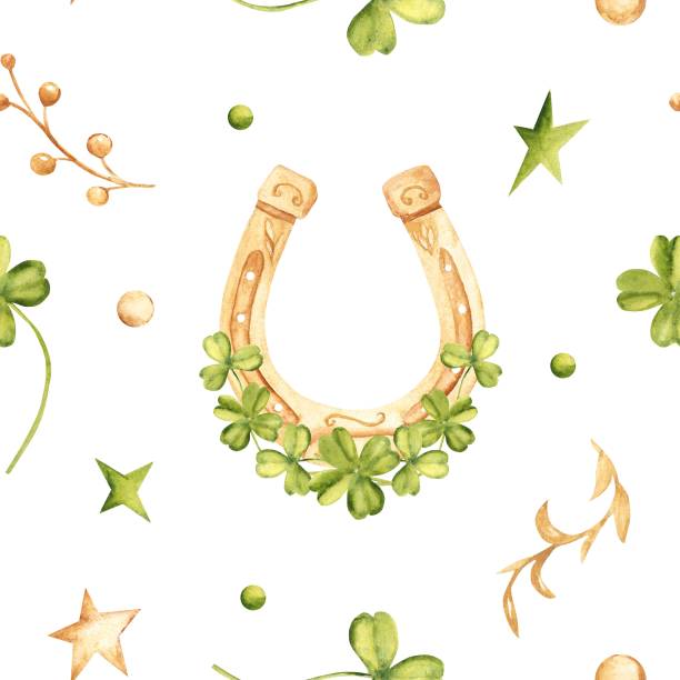 istock Lucky Seamless Pattern with Golden Horseshoe, Clover, Shamrock and green and golden Branches and stars. Watercolor hand drawn illustration isolated on a white background. For St. Patricks day designs, fabric, textile prints, gift packaging paper. 2202532681