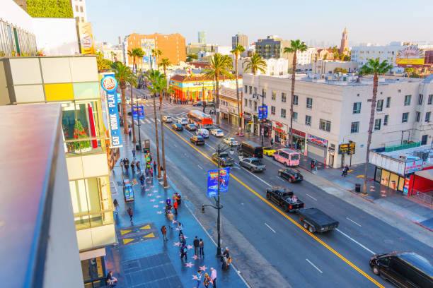 Los Angeles, California - January 8, 2025: Aerial view of busy Hollywood Boulevard filled with traffic and pedestrians alongside the iconic star walkway in Los Angeles.