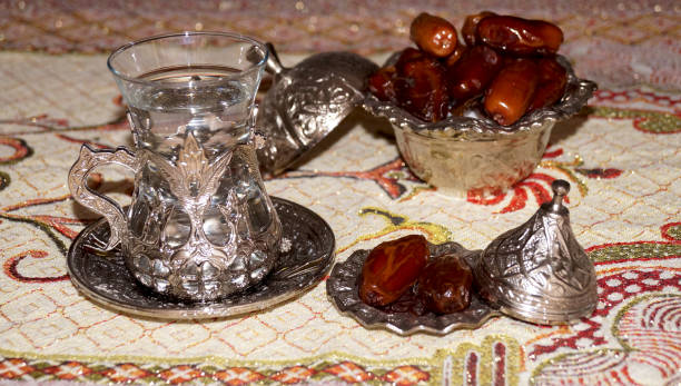 iftar with glass of water and date fruit. High quality photo