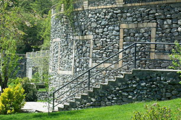 landscape scene of a rock wall and steps in a pretty park in early spring in Baku, Azerbaijan