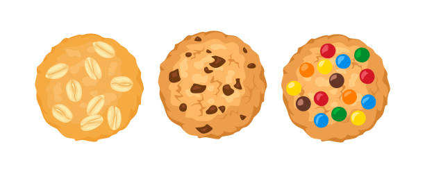 ilustrații de stoc cu set de diverse cookie-uri. biscuiți cu chipsuri de ciocolată, cu drajee multicolore și prăjitură integrală cu fulgi de ovăz. ilustrație plată de desene animate vectoriale. - fursec