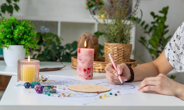 istock Woman astrologer draws a natal chart. Selective focus 2202554869