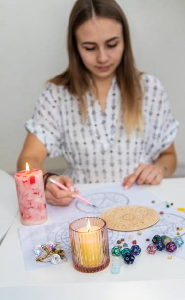 istock Woman astrologer draws a natal chart. Selective focus 2202554918