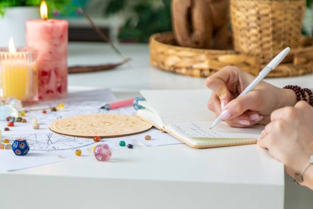 istock Woman astrologer draws a natal chart. Selective focus 2202554922