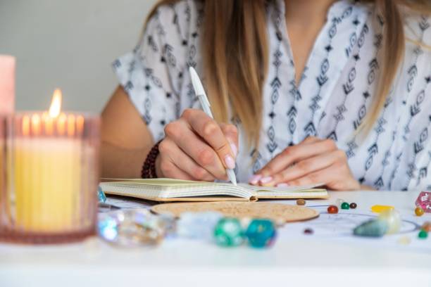 istock Woman astrologer draws a natal chart. Selective focus 2202554935