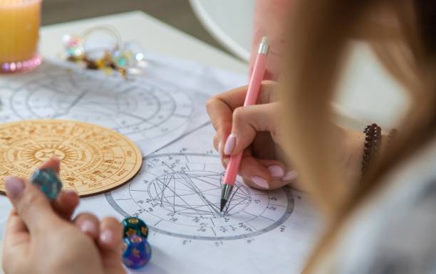 istock Woman astrologer draws a natal chart. Selective focus 2202554951