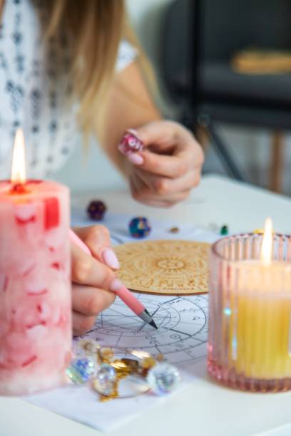 istock Woman numerologist astrologer counts numbers. Selective focus 2202554960