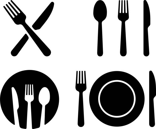 Icon set of fork spoon knife plate meal. Thin line icons flat vector illustrations isolated on white transparent background