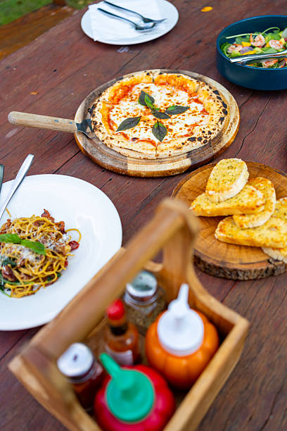 Top view of Food on the table at restaurant.