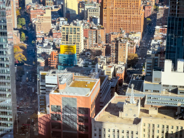 Looking down on New York streets from the  top of a skyscraper