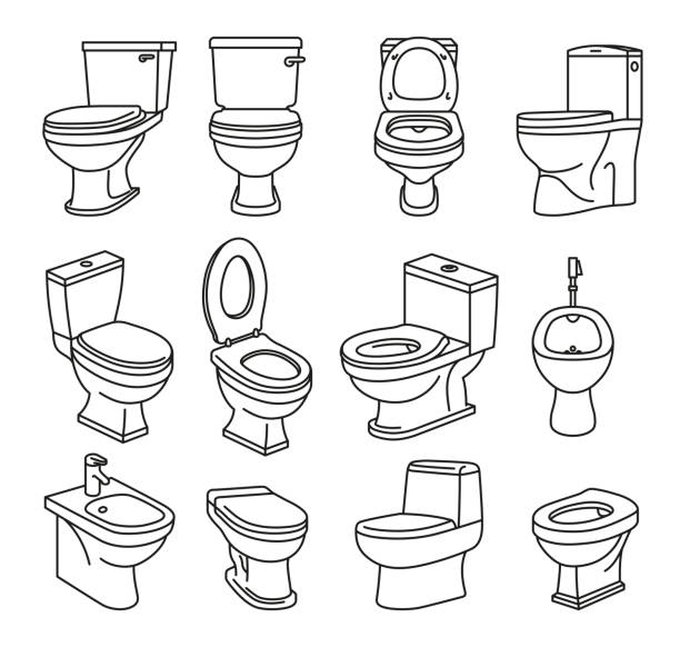 Toilet bowl and bidet side front and perspective view line art icon set vector illustration Toilet bowl and bidet side front and perspective view line art icon set vector illustration. Lavatory bathroom seat equipment personal hygiene sanitary ceramic open and closet privies urinal tool toilet stock illustrations