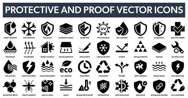 stockillustraties, clipart, cartoons en iconen met protective and proof vector icons. waterproof, fireproof, layered material and other. protective clothing signs. - desinfectie