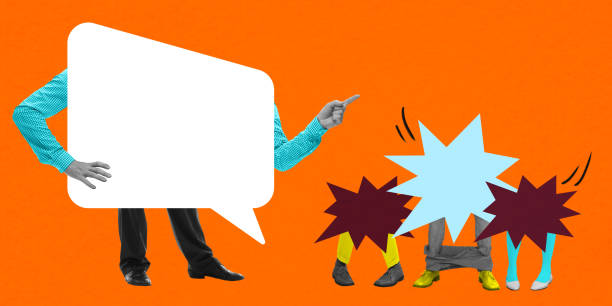 istock Giant speech bubble figure directs discussion to smaller one. Authority in communication and business guidance 2202587377