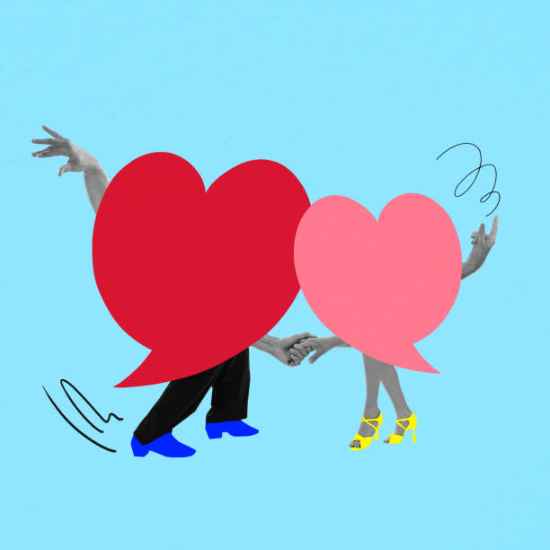 Red and pink speech bubbles shaped as hearts forming dancing couple. Romantic dialogue, emotional connection, and love expressed through words. Concept of communication, relationships. Abstract art