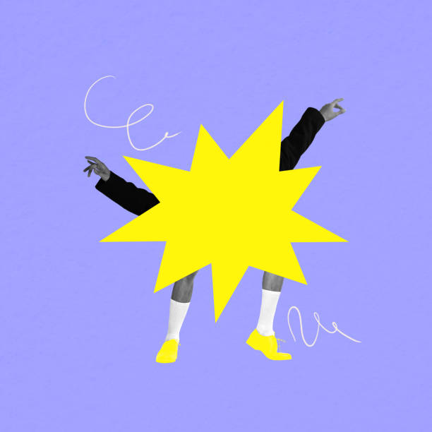 istock Yellow speech bubble with legs and arms on purple background. Loud expression, digital communication, expressive dialogue. 2202587386