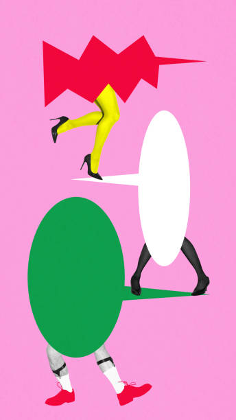 istock Many speech bubbles in various shapes, with legs on pink background. Friendly lively conversations, debate, dialogue. 2202587398