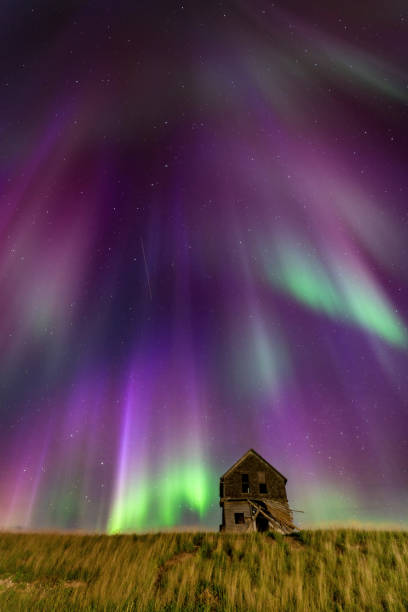 istock Dilapidated farmhouse under majestic aurora borealis night sky 2202588226